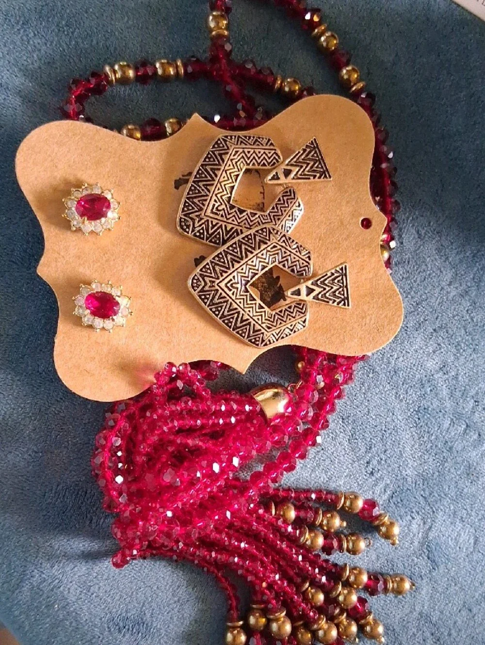 Gold & Ruby Glass Crystal Cut Beaded Tassel Necklace w Matching Earrings 32+2 In - Picture 8 of 9